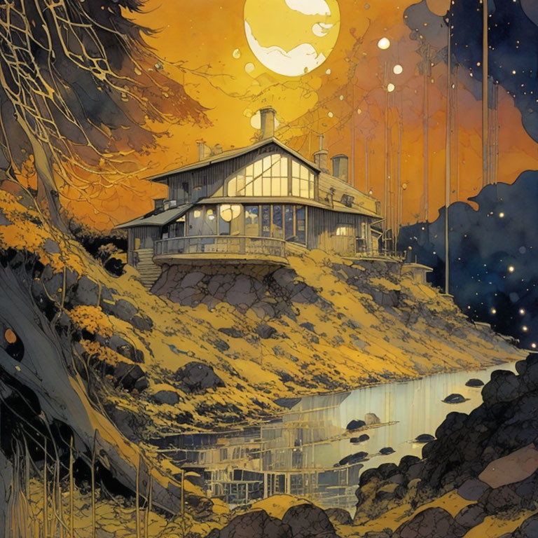 Cliffside house illustration with moonlit sky and floating lanterns