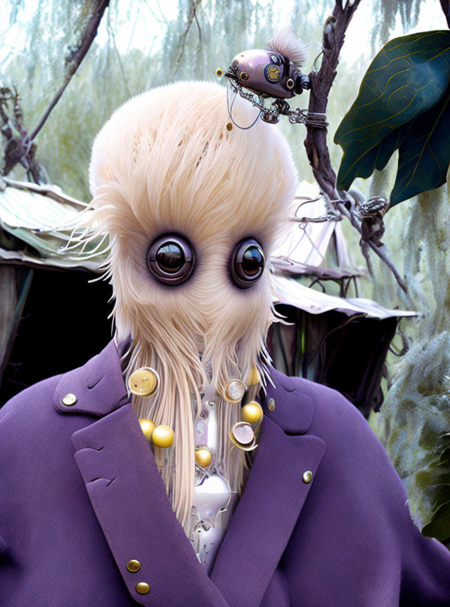 Whimsical creature with multiple eyes in purple coat