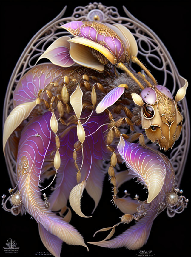 Fantastical creature with golden armor and purple accents on dark background