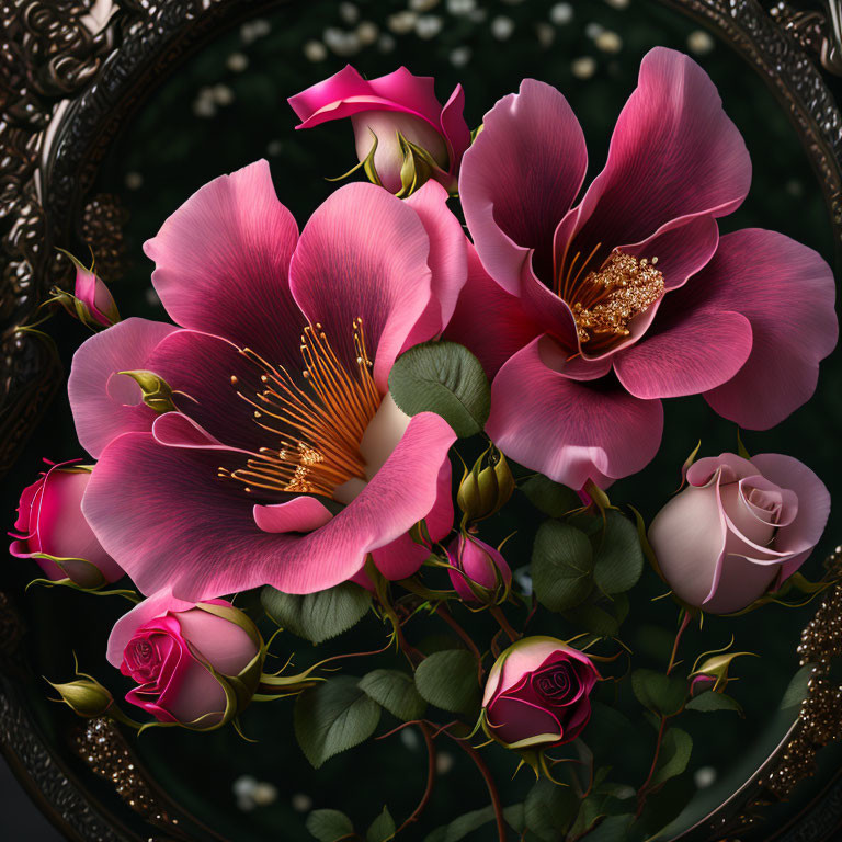 Detailed Pink Roses and Blooming Flowers in Ornate Circular Frame