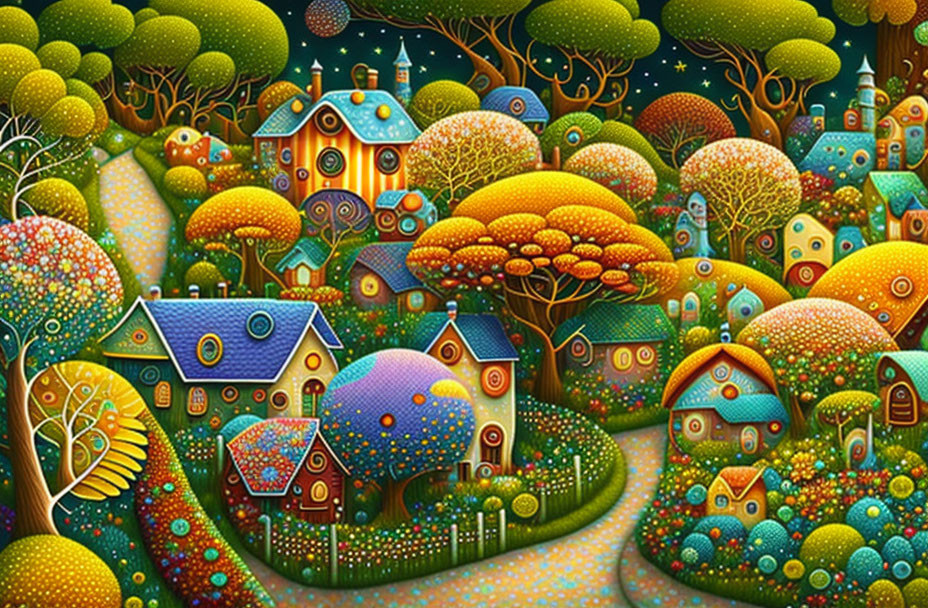 Colorful Stylized Homes in Whimsical Landscape