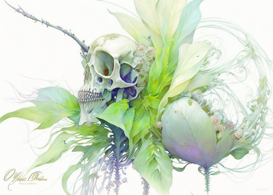 Surreal digital artwork: human skull with vibrant botanical elements