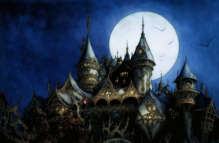 Gothic Castle with Spires and Bats in Full Moon Night