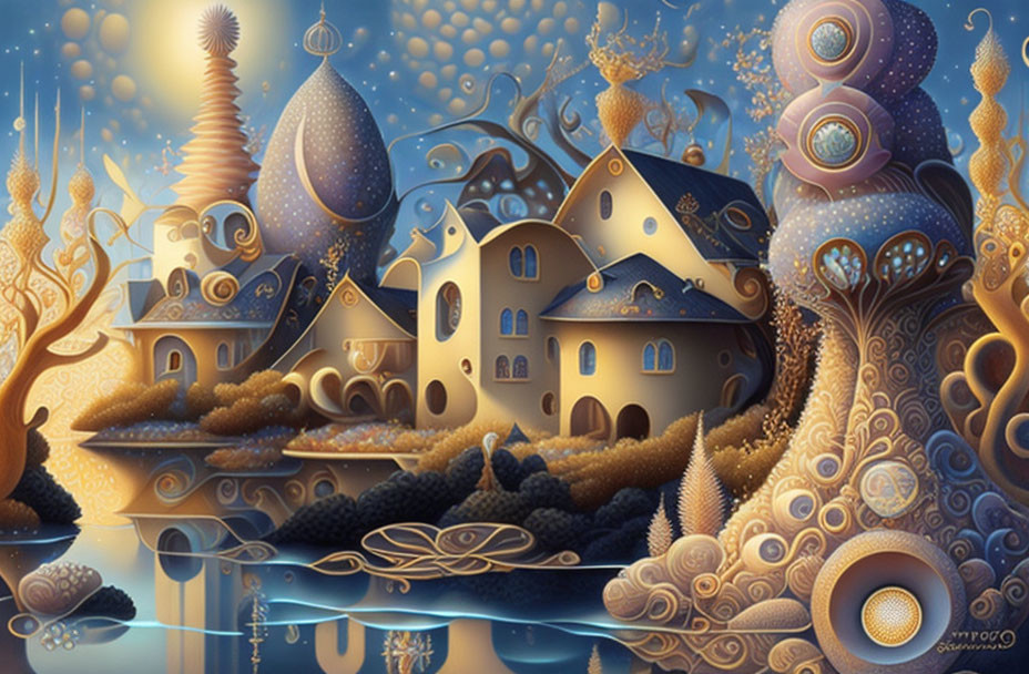 Whimsical golden structures and trees in fantasy landscape