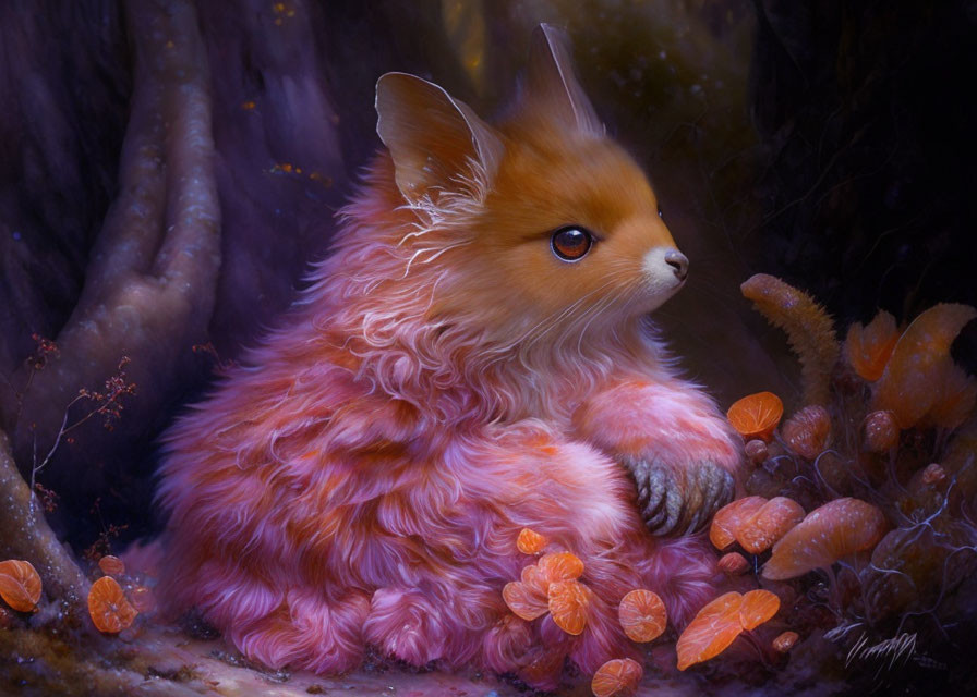 Pink fluffy fantasy fox in dark enchanted forest with glowing orange plants