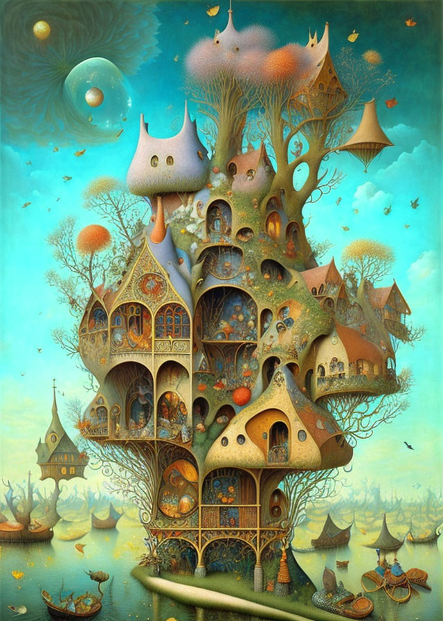 Fantastical Treehouse Painting with Whimsical Details