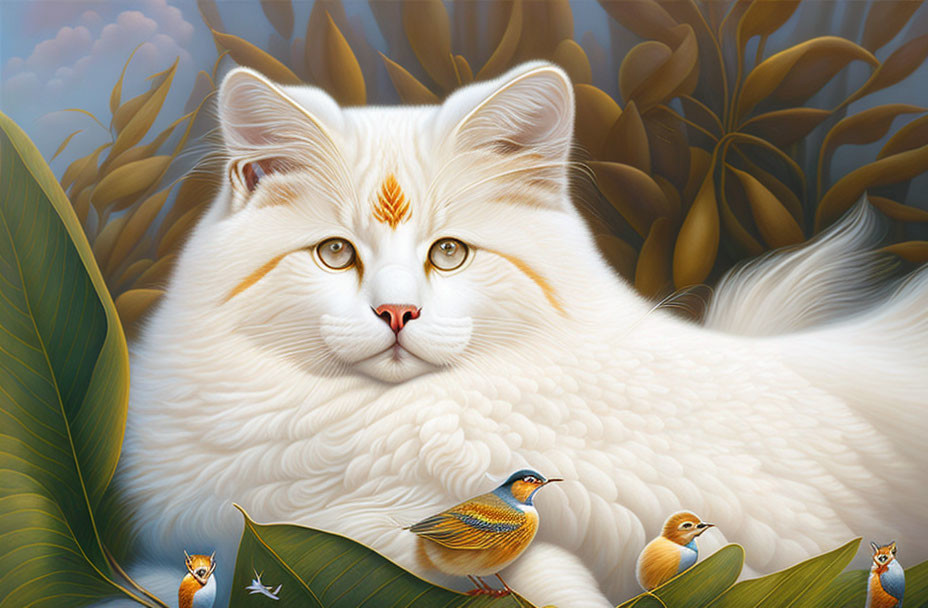 White Cat with Orange Markings in Lush Greenery with Birds