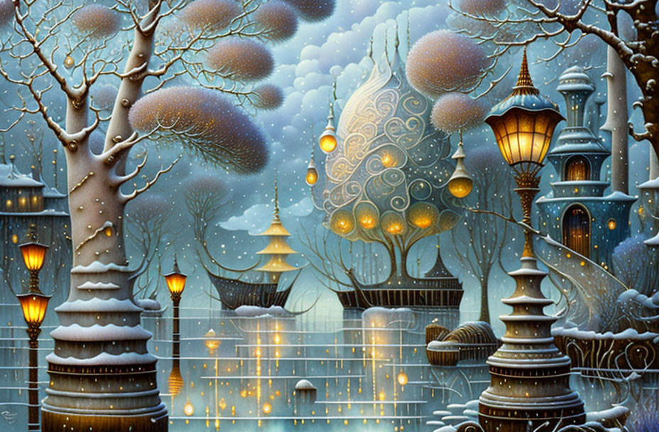 Whimsical winter scene with lantern-lit trees and fantastical village