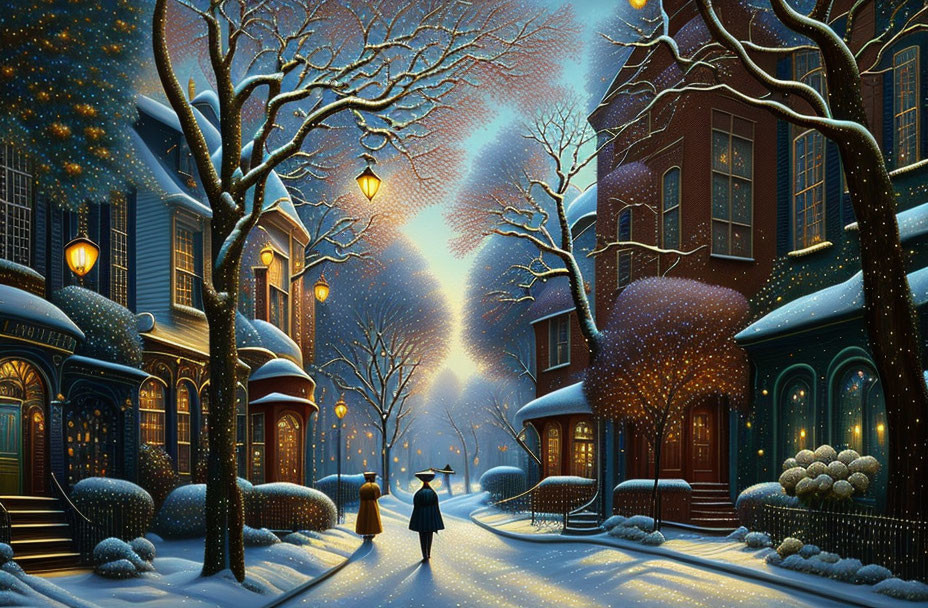 Person walking snowy street with glowing lamps and cozy houses under starry night sky
