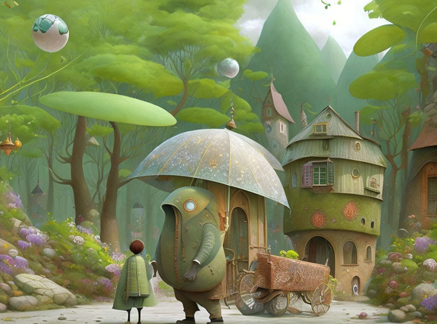 Child and elephant-like creature under umbrella in whimsical illustration