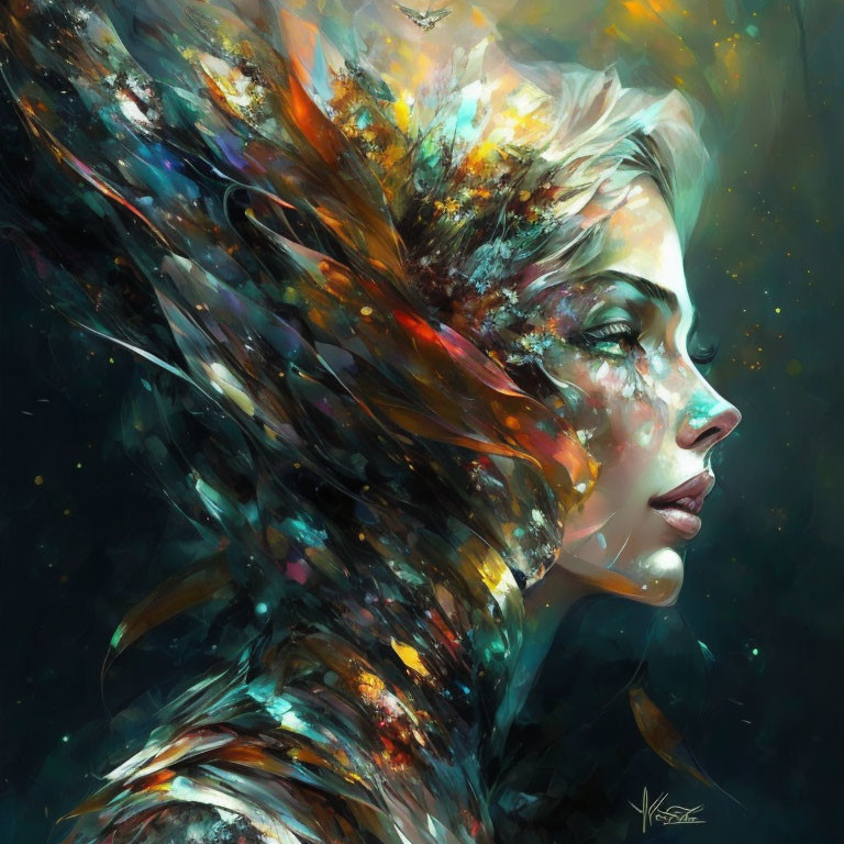 Colorful abstract digital artwork of woman with flowing burst.