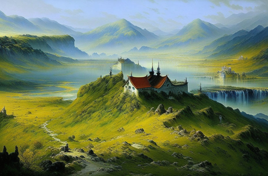 Traditional Asian pagoda on lush green hill by calm lake, misty mountains & golden sky