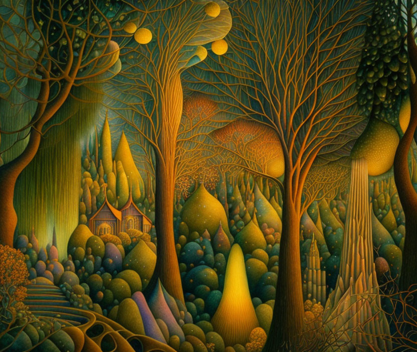 Colorful whimsical forest illustration with glowing orbs and small house