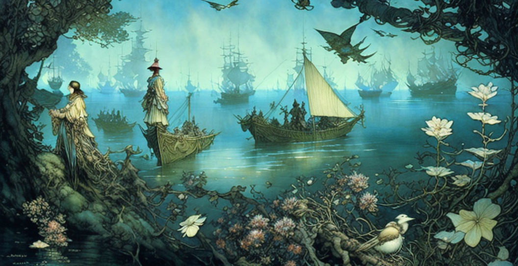 Fantastical maritime scene with ornate ships and elegant figures