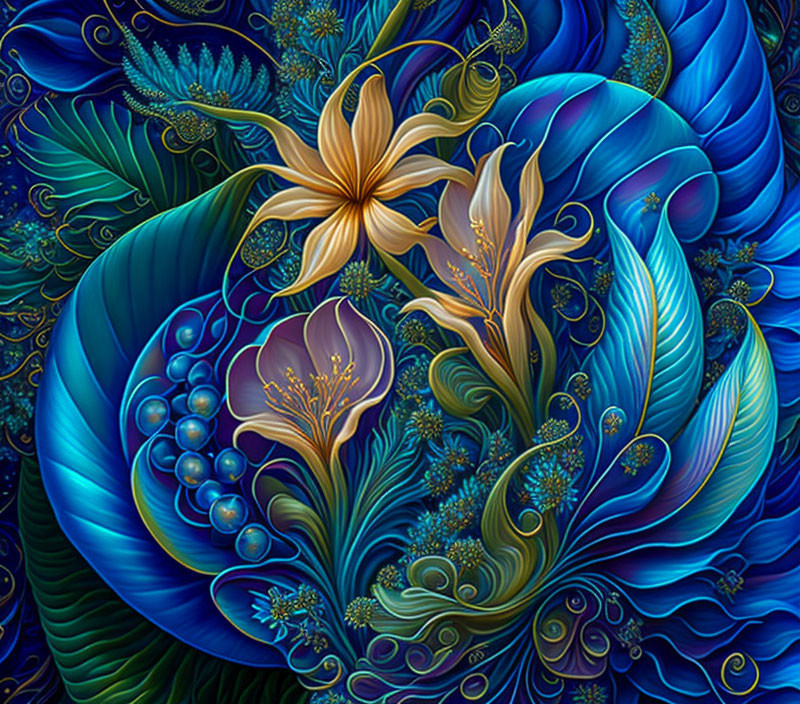 Colorful digital artwork: Golden flowers, blue swirls, leaf designs