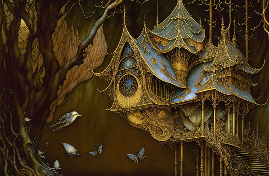 Fantastical Golden Treehouse in Dark Woods with Flying Birds & Butterflies