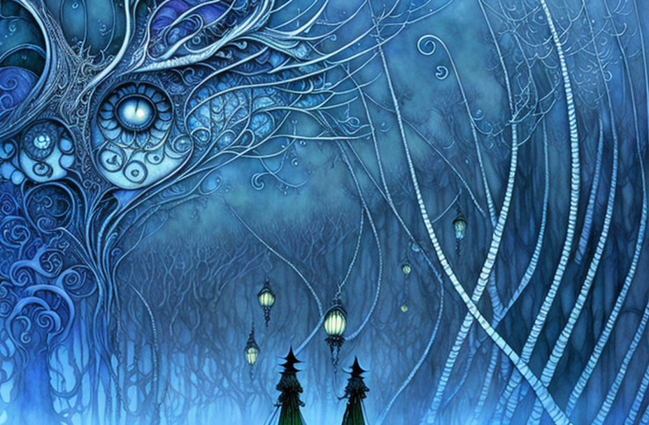 Mystical Blue Forest with Swirling Trees and Ominous Eye