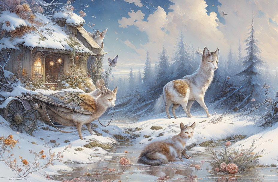 Winter Foxes in Snowy Cottage Landscape with Wooden Cart