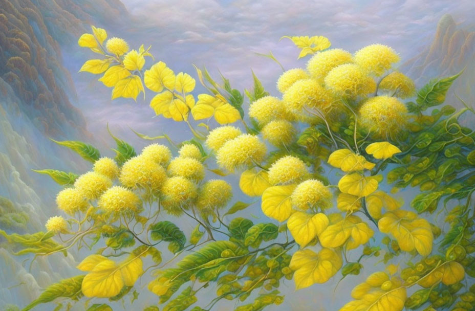 Yellow Flowers Painting with Misty Mountain Background