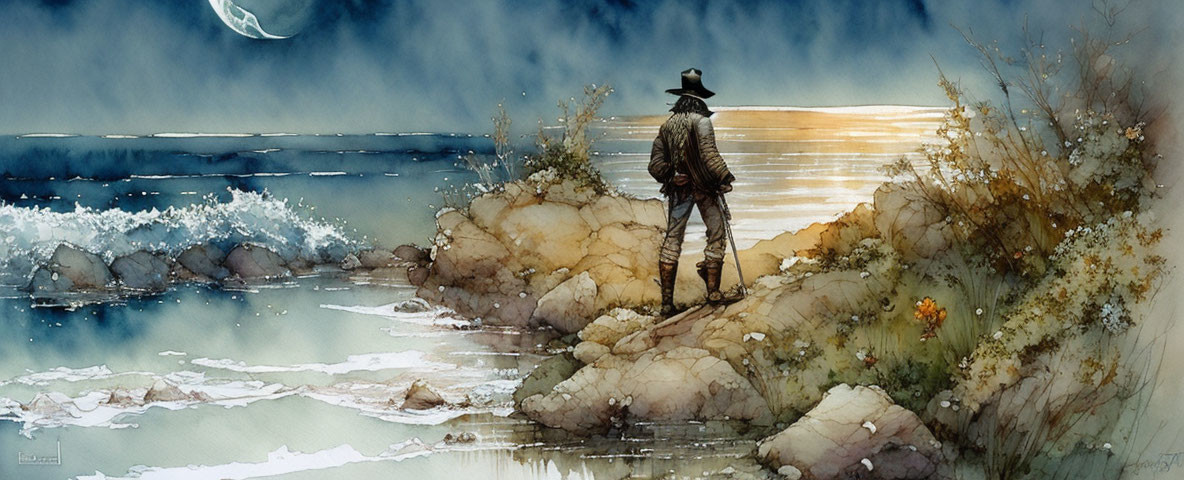 Moonlit Shoreline Scene: Solitary Figure in Hat Gazing at Tranquil Sea