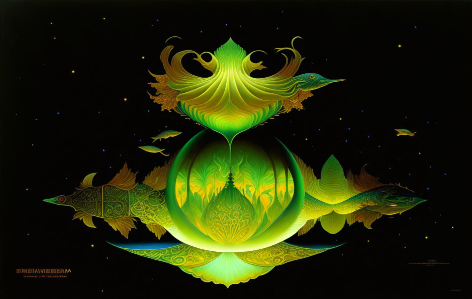 Vibrant surreal artwork: green bird-like creature with intricate patterns