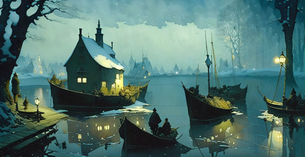 Snow-covered village by calm river at dusk with boats and lanterns