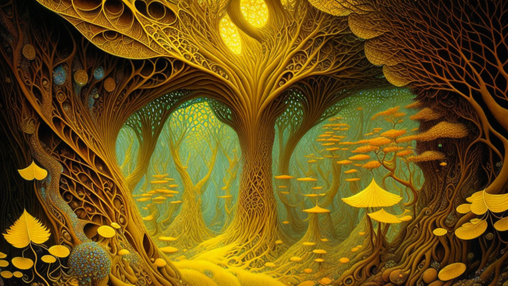 Enchanting Golden Woodland with Glowing Mushrooms
