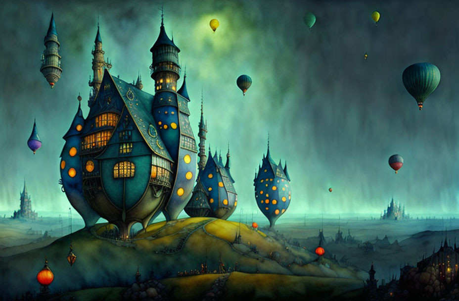 Fantastical night scene with bulbous castles and hot air balloons under a mystical green sky