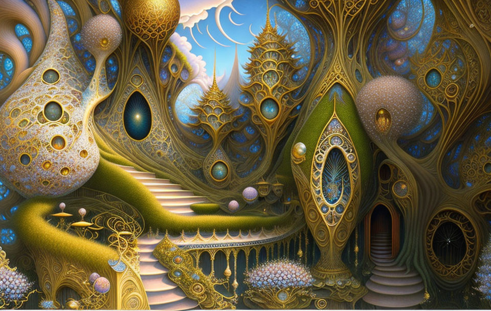 Fantastical landscape with golden tones and intricate patterns