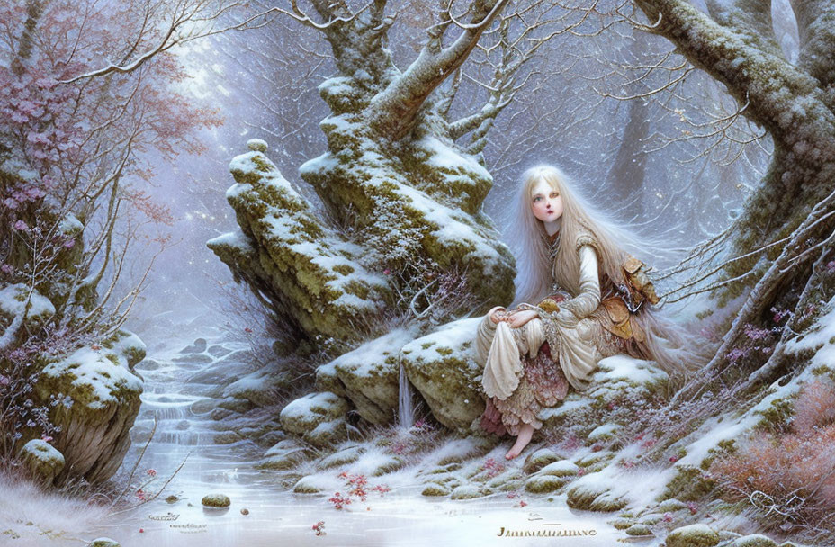 Blonde woman in fantasy setting by snowy stream