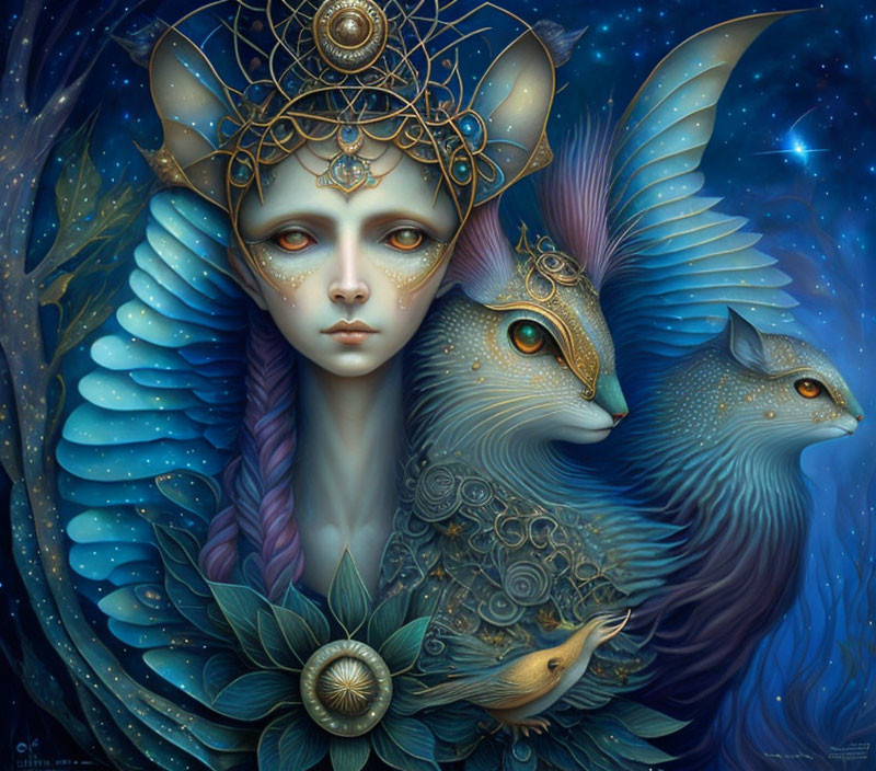 Fantasy Artwork: Woman with Braided Hair, Ornate Headpiece, and Mythical Blue