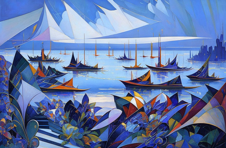 Colorful Stylized Sailboats Painting with Geometric Shapes