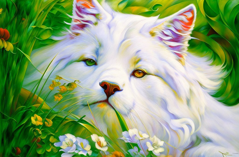 White Fluffy Cat Painting Among Green Foliage and Flowers