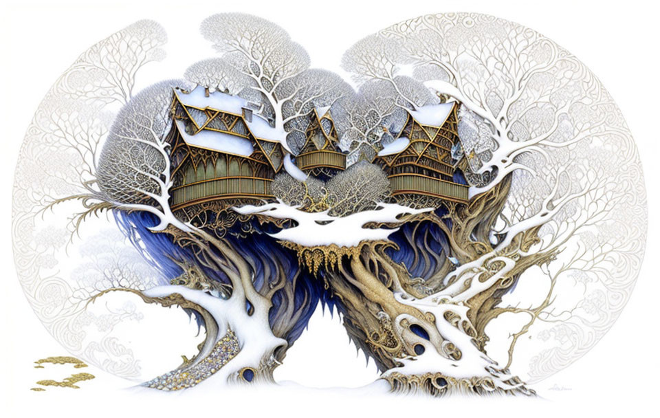 Snow-covered village on ancient tree with blue roots in circular border