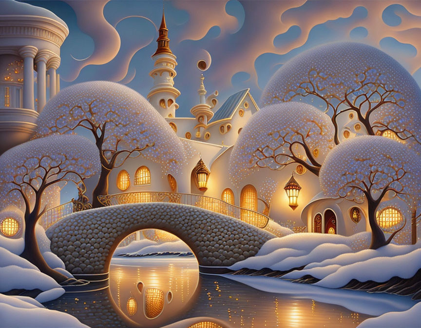 Snowy night scene: fairytale buildings, stone bridge, castle.