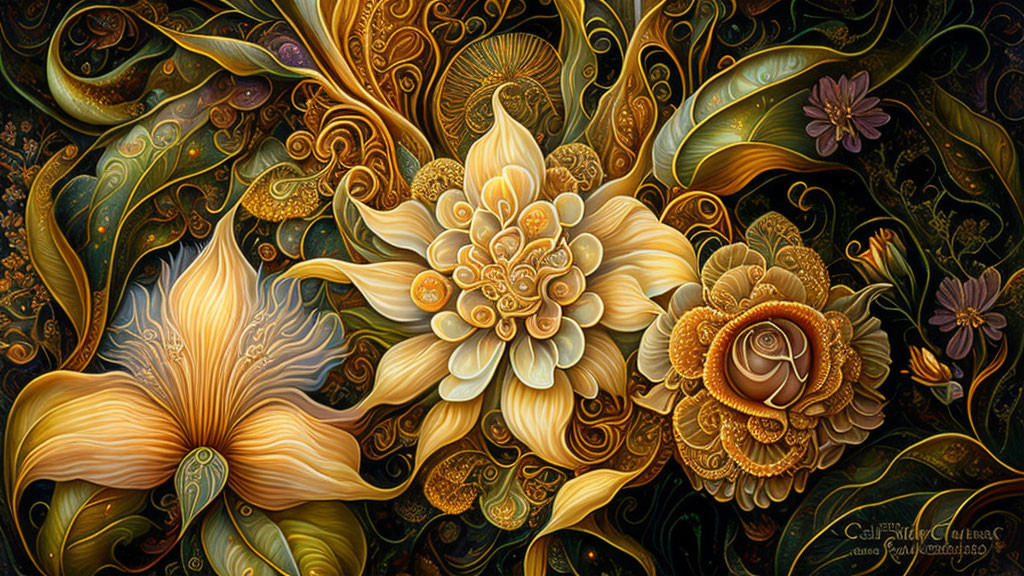 Intricate Floral Digital Art in Gold, Amber, and Brown