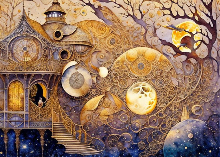 Fantastical Artwork: Whimsical House with Cosmic and Fantasy Elements