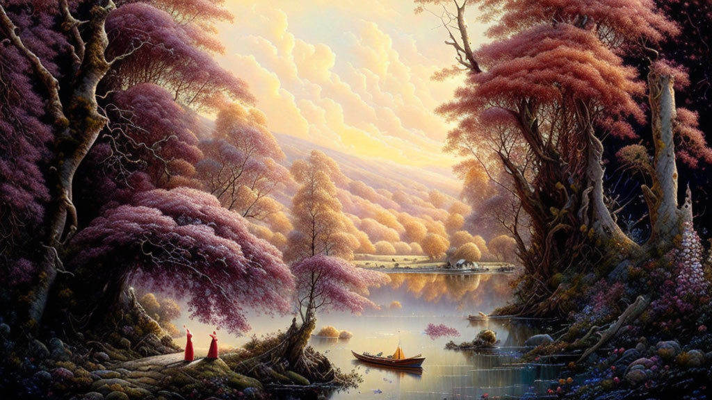 Tranquil purple foliage landscape with serene river and figure in red