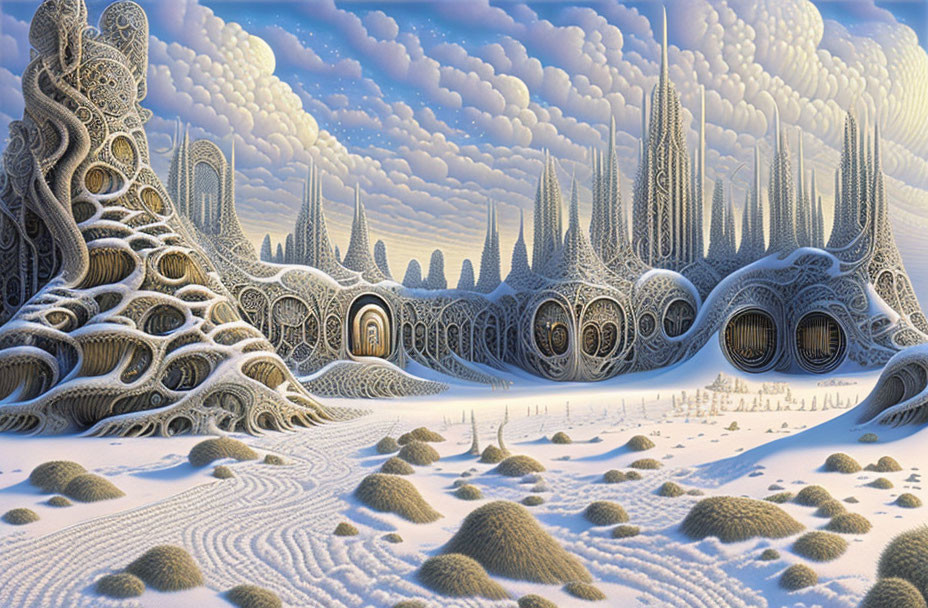 Surreal landscape with organic towers, patterned sky, and snowy foreground