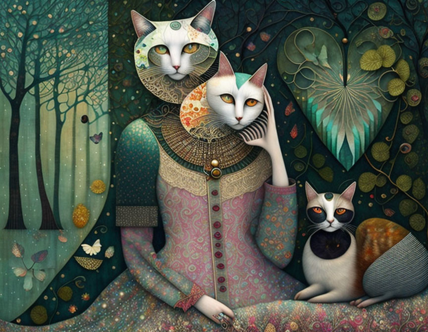 Anthropomorphic cat characters in ornate attire in a whimsical forest setting.