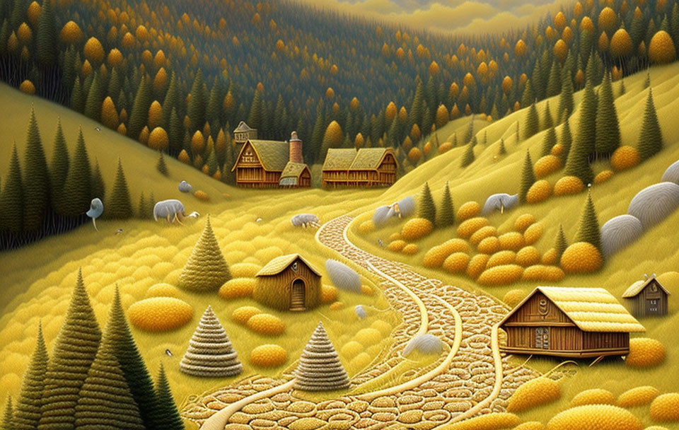 Golden rolling hills, conical trees, wooden houses, and sheep in serene landscape