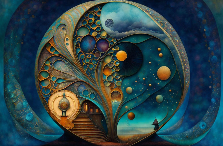 Surreal cosmic tree with door, staircase, and celestial orbs on starry backdrop