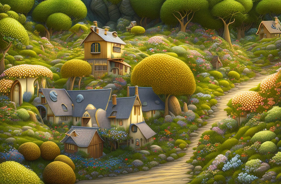 Whimsical storybook cottages in lush village landscape