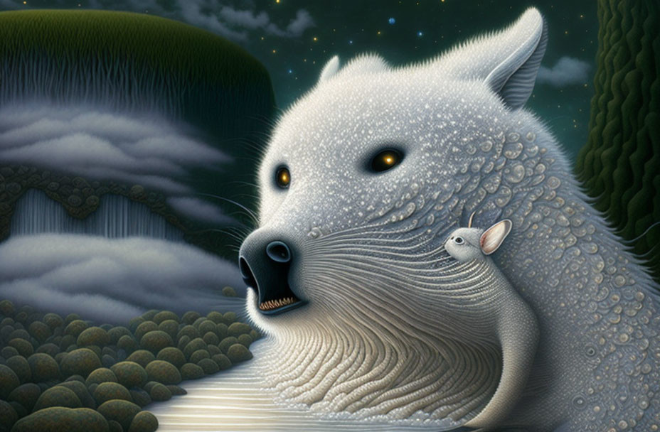 Surreal white wolf-like creature with smaller being on nose in dotted textures against mystical starry background