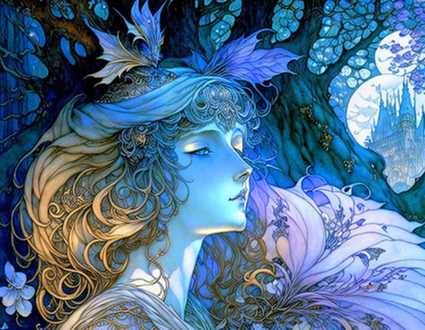 Fantasy female figure with ornate headdress and intricate floral designs in blue and gold.