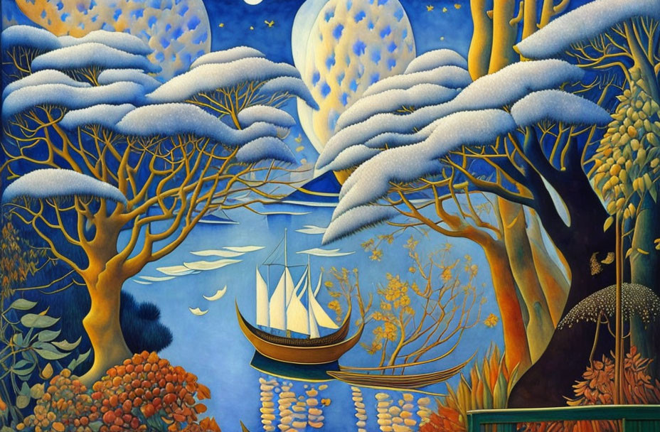 Whimsical painting of snow-covered trees, full moon, sailing ship, and colorful vegetation