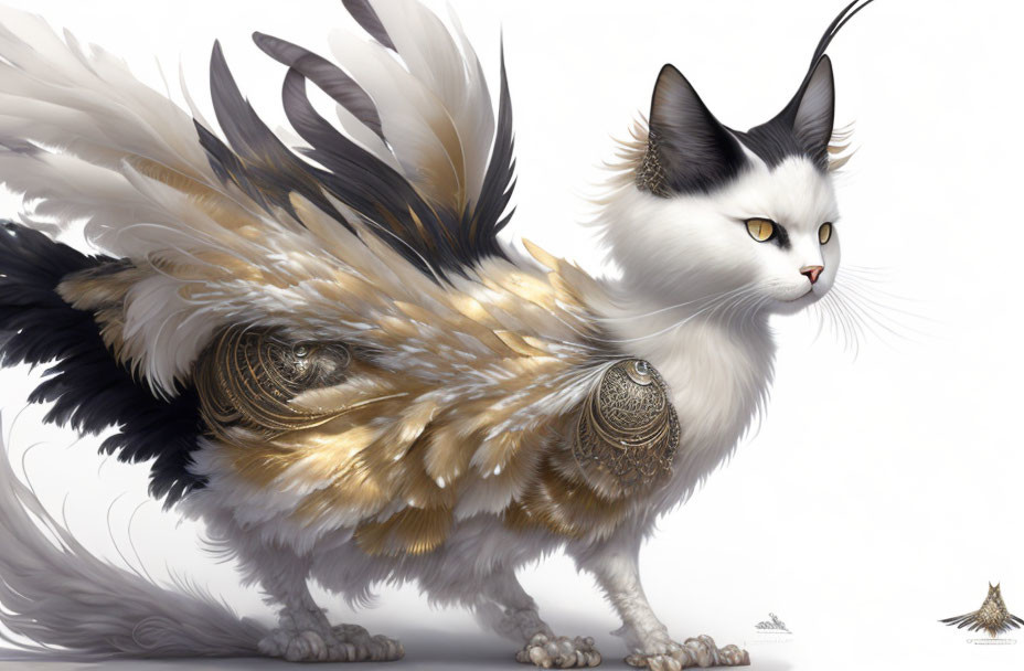 White cat with feathered wings and long plume tail on plain background