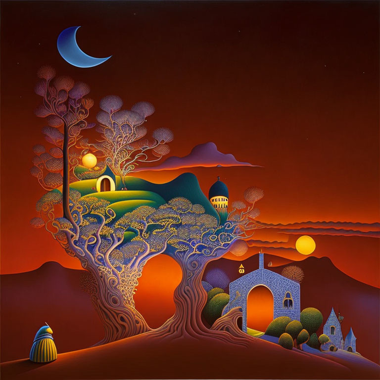 Vibrant surreal landscape with tree, hills, architecture, and moon