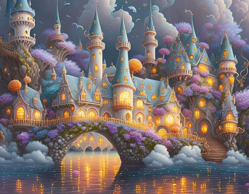 Enchanting fairy-tale castle with spires, towers, and arched bridge by serene lake