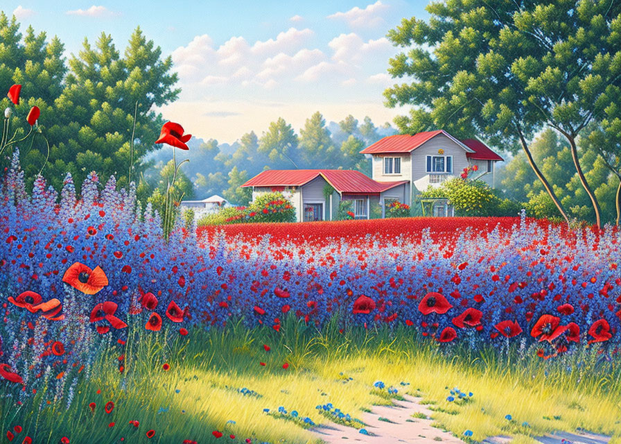 Colorful garden with red poppies, lavender, white house, and lush trees under blue sky